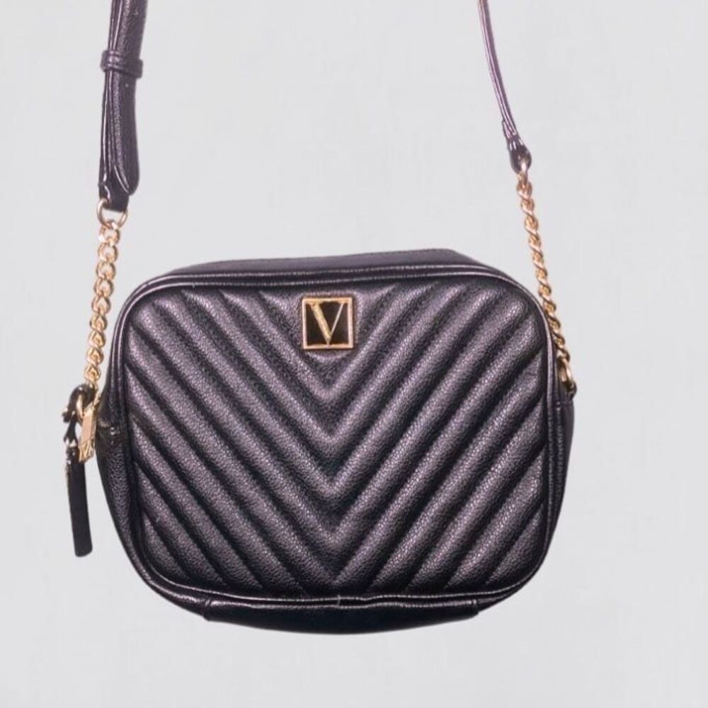 Victoria's Secret Black V-Quilted Top Zip Crossbody Bag